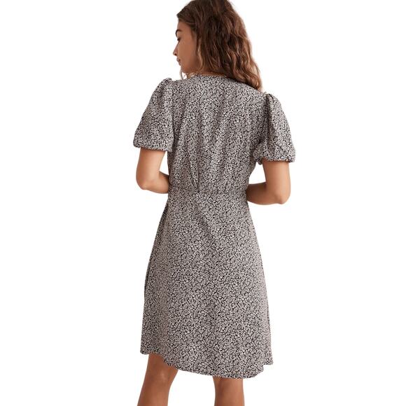 Madewell 6 Challis Button Wrap Mini Black Puff Short Sleeve Floral A-Line Dress - Picture 2 of 13